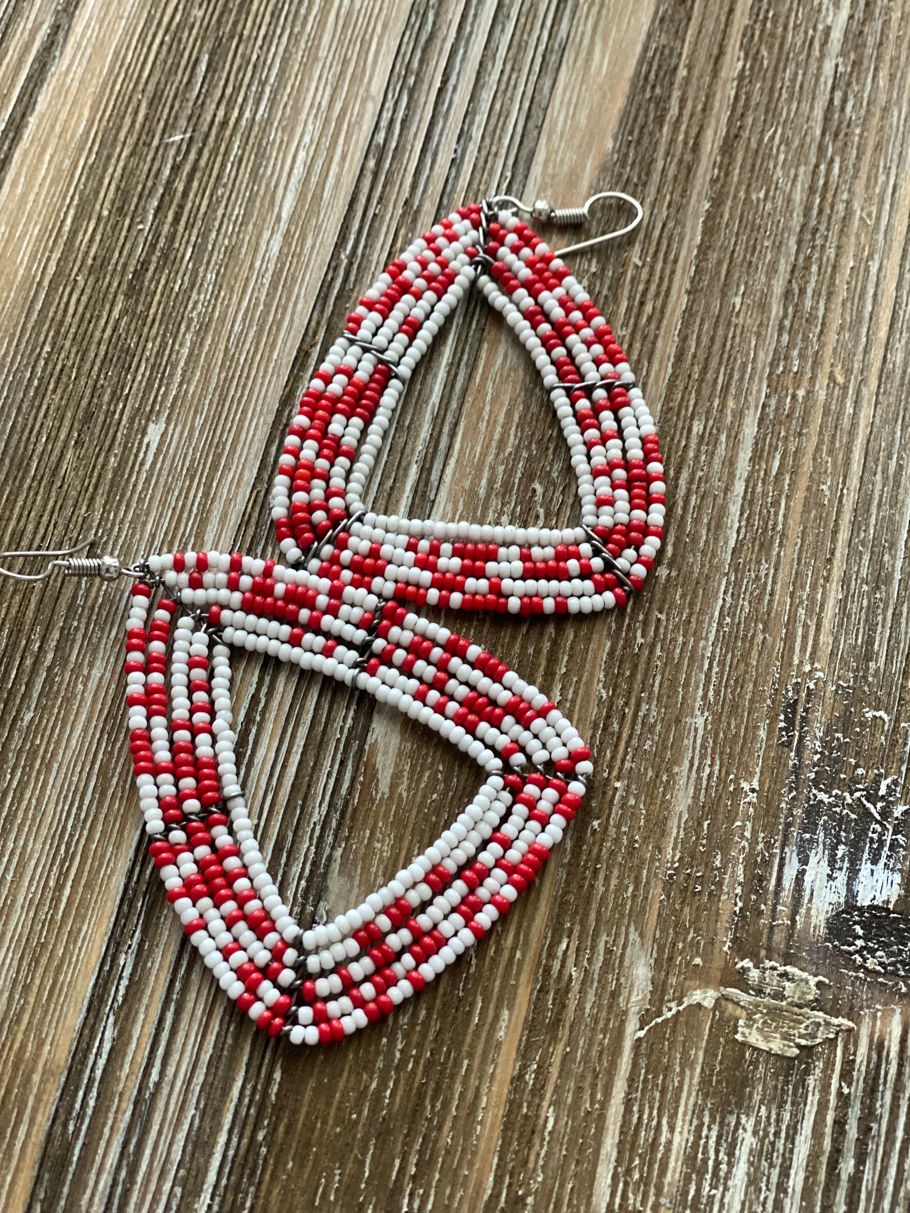Handmade Beaded Red and White Pyramid Earrings - Assorted