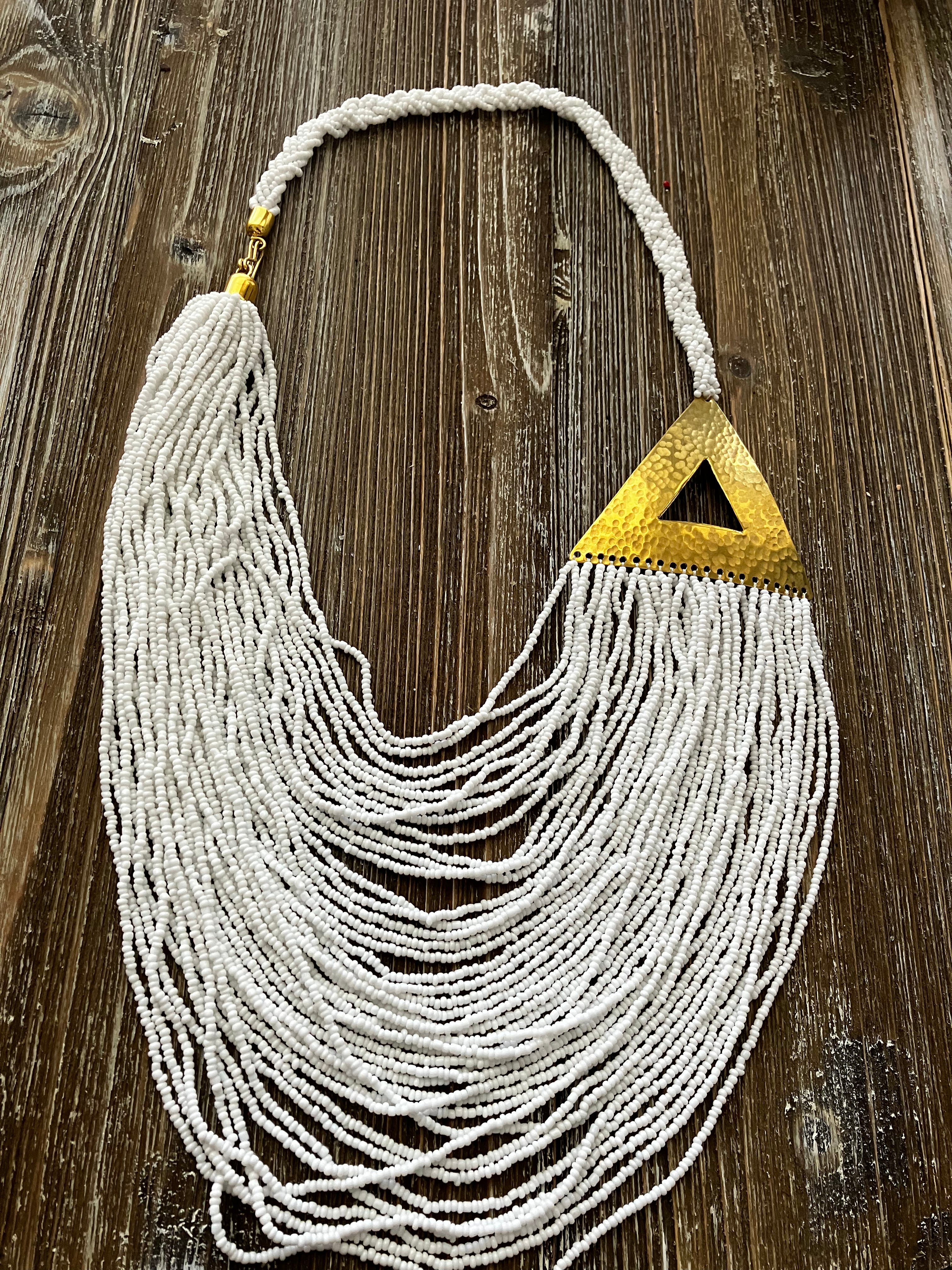 Red and White Beaded Necklace with Pyramid