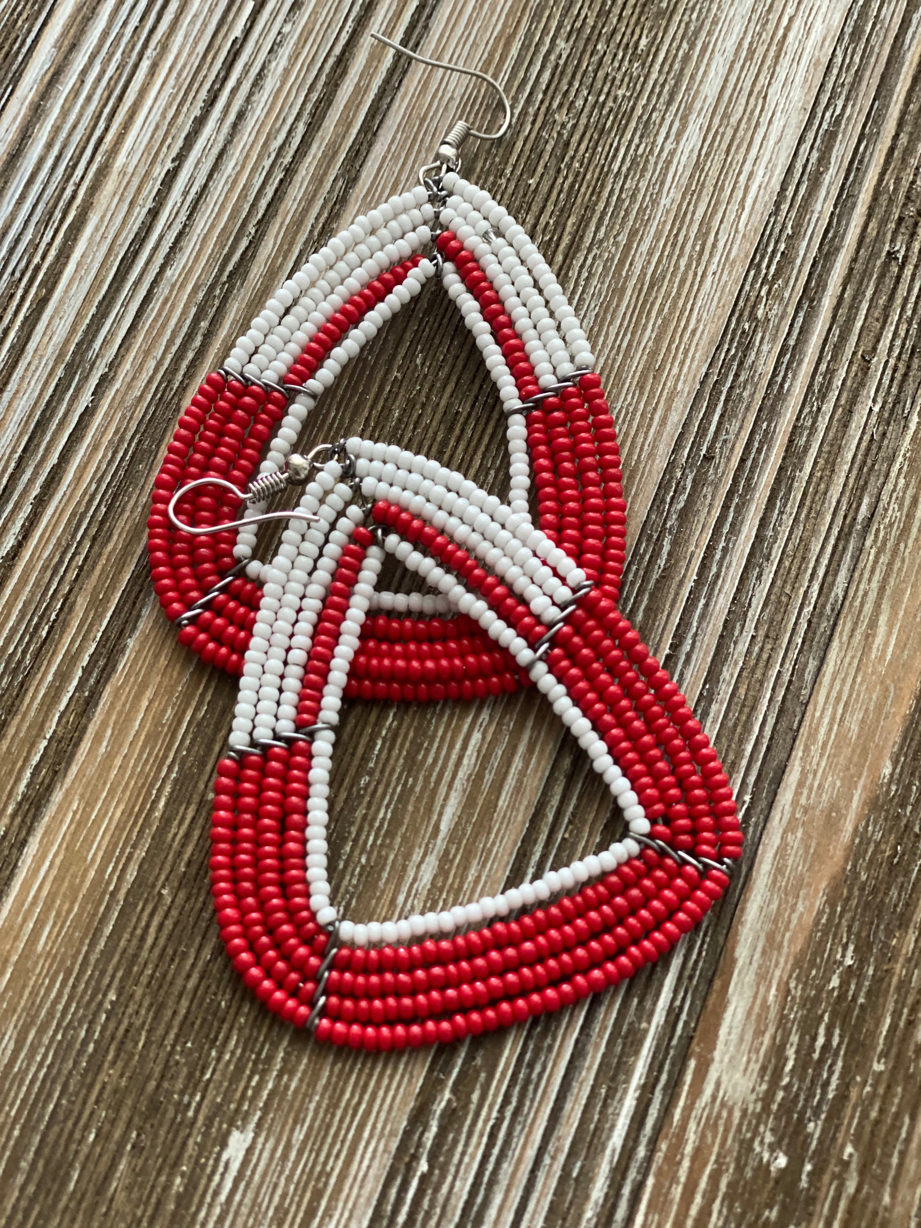 Handmade Beaded Red and White Pyramid Earrings - Assorted