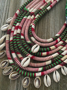 African Batik Statement Necklace with Cowrie Shells