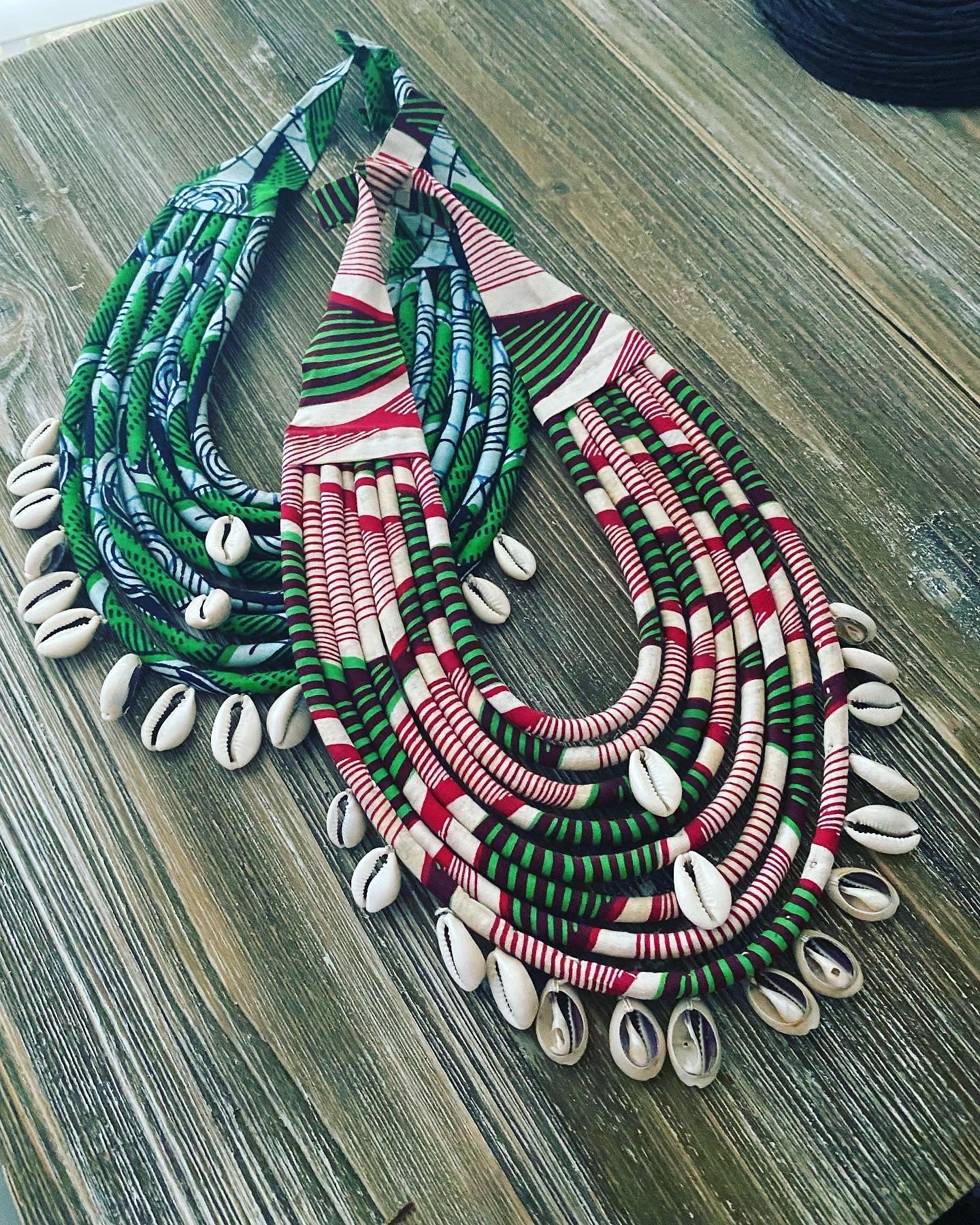 African Batik Statement Necklace with Cowrie Shells