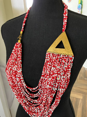 Red and White Beaded Necklace with Pyramid