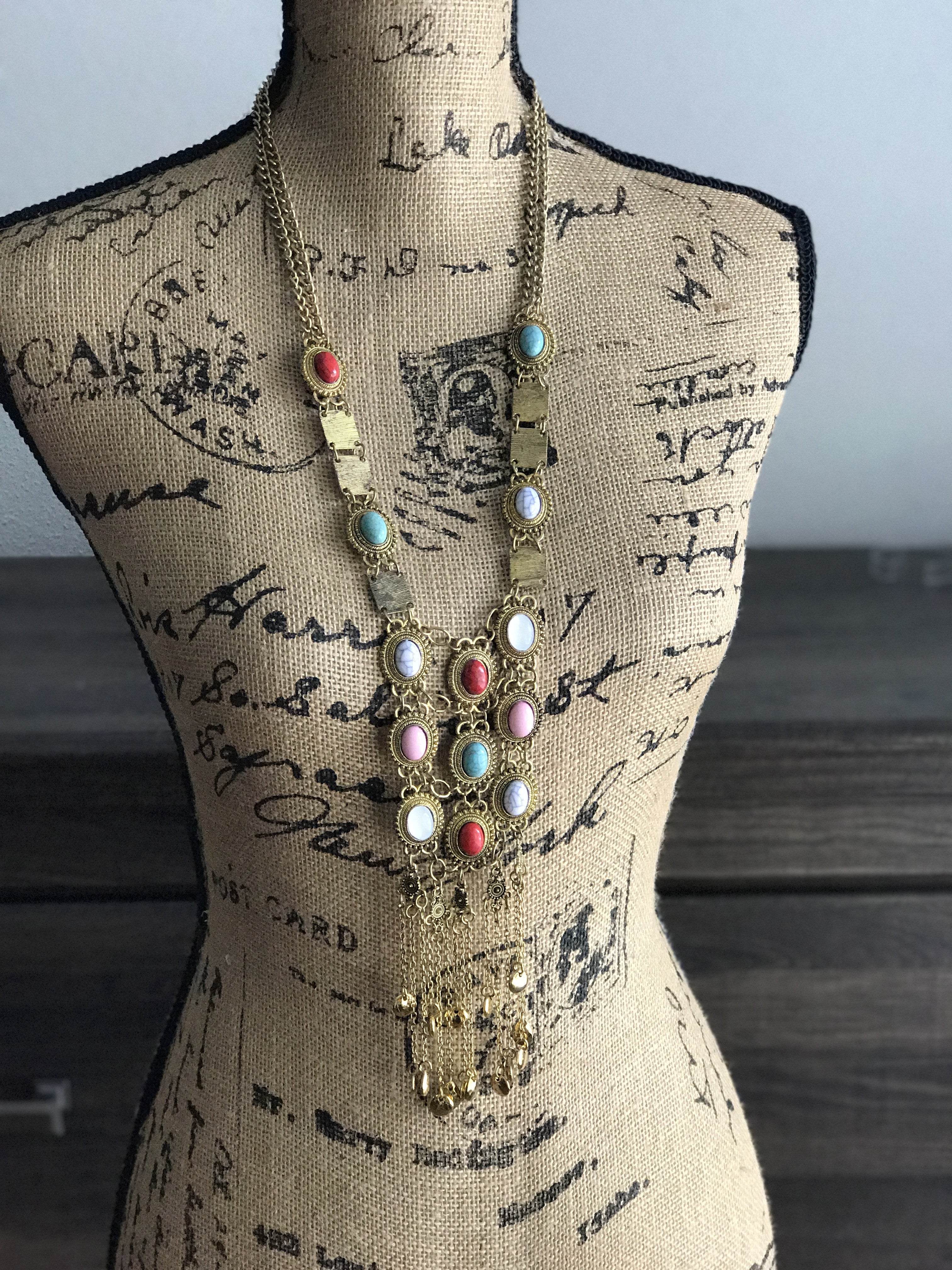 Bohemian hipster maxi length statement necklace with stone accents