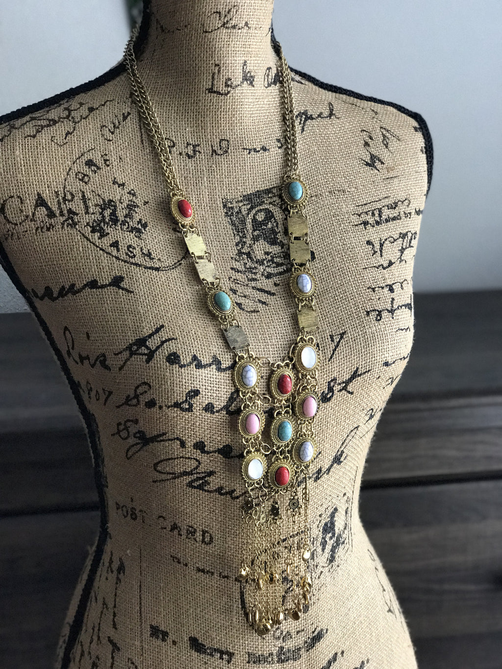 Bohemian hipster maxi length statement necklace with stone accents