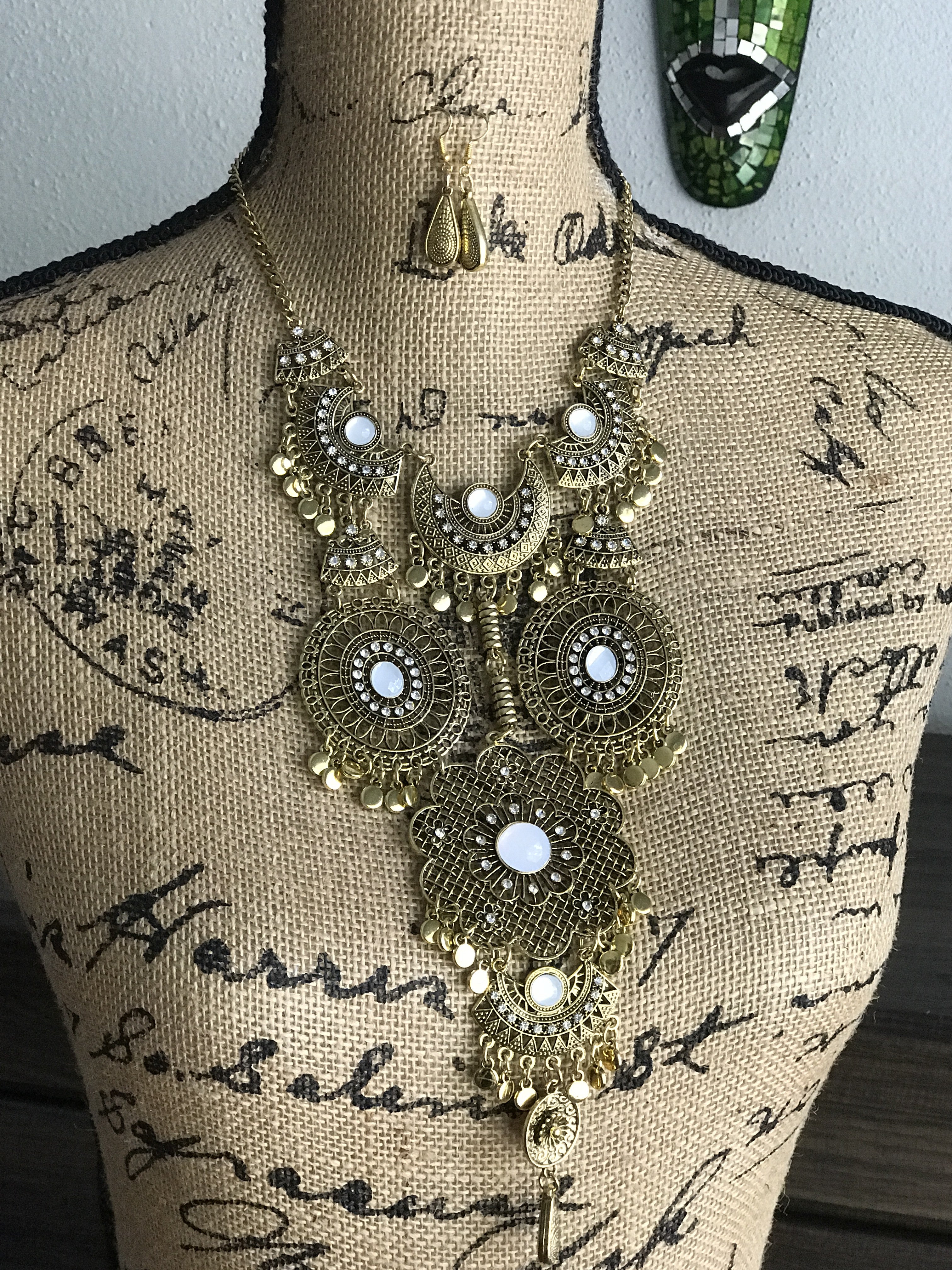 Gorgeous burnished gold bib statement necklace and earrings set